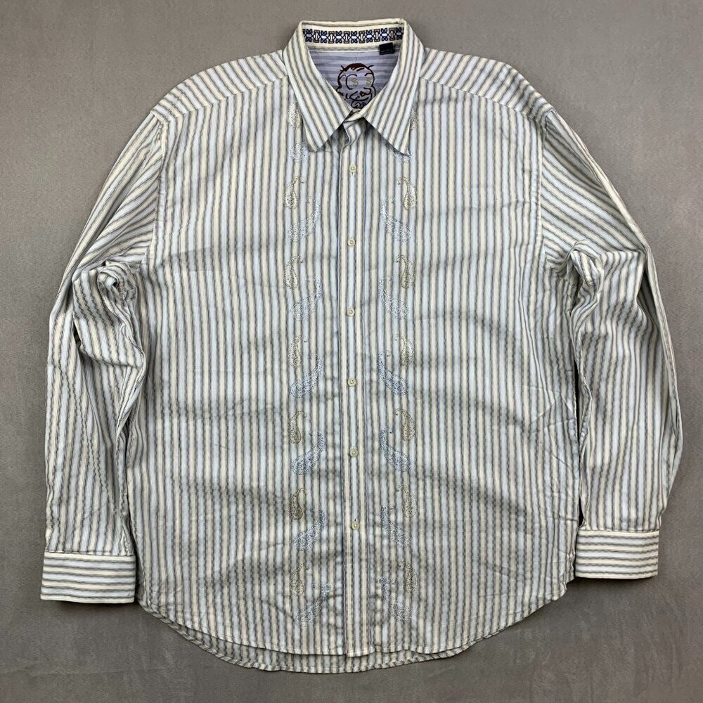 Robert Graham Men Shirt 2XL White Vertical Striped Paisley Button Up Long Sleeve